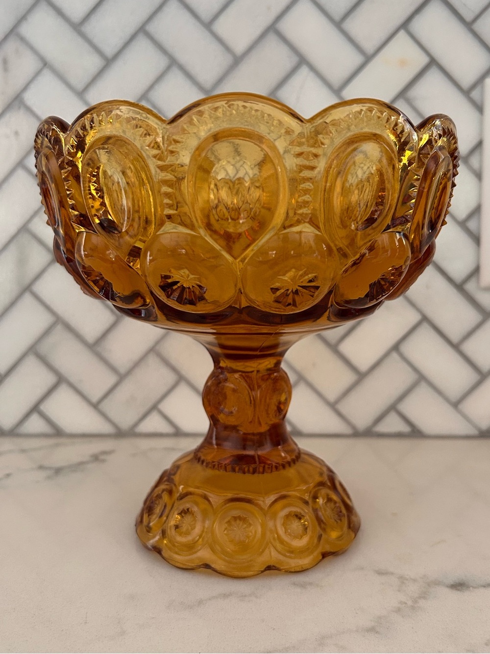 LE Smith amber moon & stars scalloped glass pedestal candy dish bowl